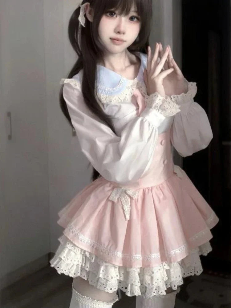 Voguable Kawaii Japanese Style 2 Piece Set Casual Blouse + Sweet Pink Y2k Mini Skirt Lace Lolita Suit Woman Design New