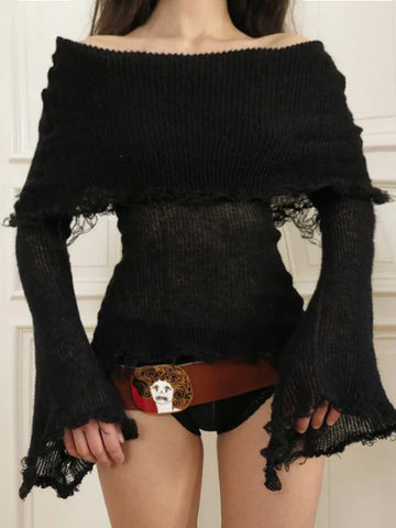 Voguable Grunge Fairycore Off Shoulders Ripped Sweaters Slash Neck Goth Jumper Tops Y2K Dark Academic Pullover