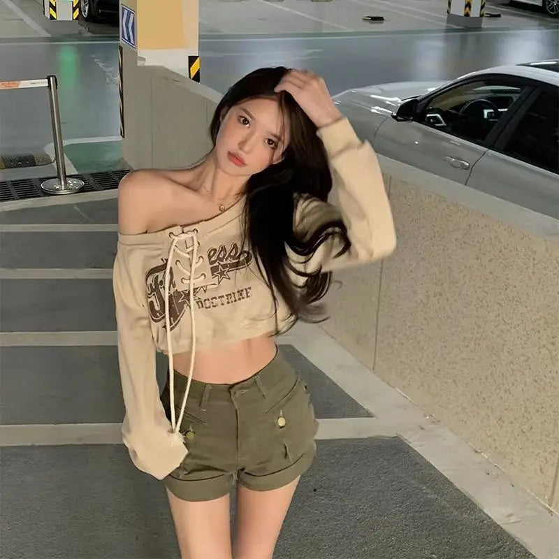 Deeptown Coquette Japanese Y2k Off Shoulder Sweatshirts Kpop Vintage Graphic Hoodies Korean Long Sleeve Beige Crop Outfits