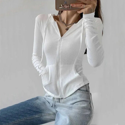 Fall Crop Hooded Cardigan Y2K Korean Slim Solid Zipper Long Sleeve Coats Harajuku Streetwear Sports Cardigan Tops