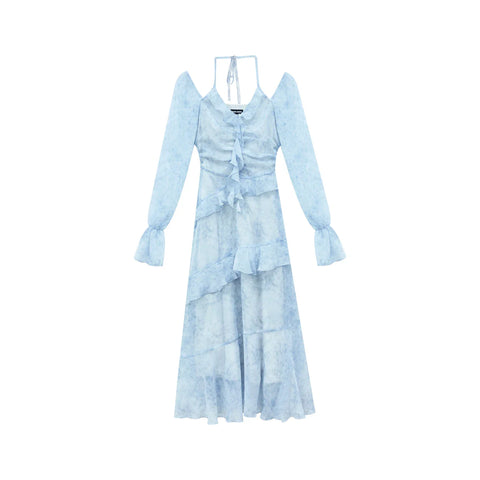 Voguable Y2K Ruffles Irregular Short Dress Tie Dye Flare Sleeves Elegant Party Dress Prom Robe Halter Vestidos
