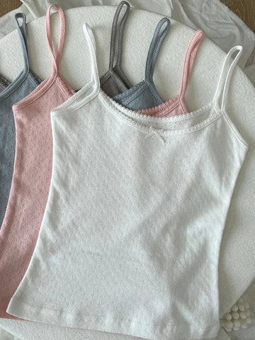 Floral Eyelet Bow Cotton Crop Tops Lace Trim Sleeveless Slim Tank Top Preppy Style Sweet Camisole Y2k Clothes