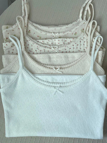 Floral Eyelet Bow Cotton Crop Tops Lace Trim Sleeveless Slim Tank Top Preppy Style Sweet Camisole Y2k Clothes