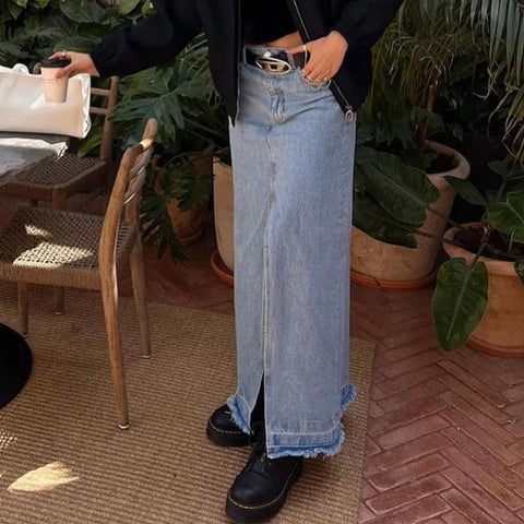 Cotton Simple Vintage Long A-Line Skirt Slit Denim Skirt Y2K Party Skinny Vestidos Vero Vintage Size