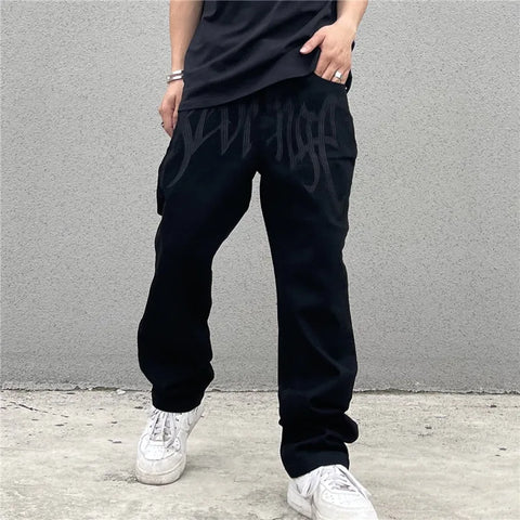 Y2K Black Baggy Jeans Streetwear American Retro Printed Letter Pants Straight Hip-hop Loose Denim Trousers