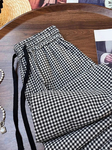 Korean Chic Plaid Casual Pants High Waist Retro All Match Wide Leg Pants Y2K Loose Drawstring Straight Trousers