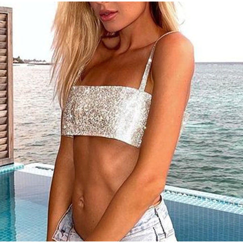 Glitter Club Crop Top Off Shoulder Tank Cami Clothing Super Short Party Night Shiny Bling Sleeveless Tube Tops Y2K