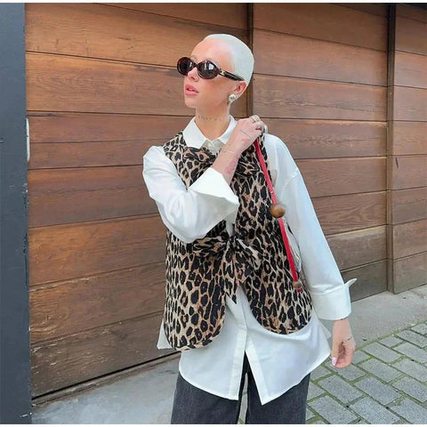 Leopard Waistcoat y2k Clothes Round Neck Sleeveless Tie Up Cardigan Tops 2000s Aesthetic Clothing Streetwear