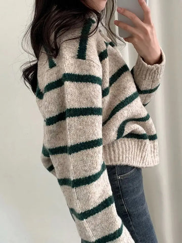 Large size Korean style lapel slimming contrast striped sweater winter long-sleeved loose pullover sweater y2k tops