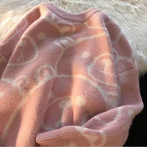 Voguable Winter Thickened Warm Sweater Cartoon Bear Head Graphic Jumper Pullover Preppy Couples Hip Hop Streetwear Y2K Tops Casual