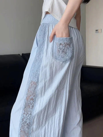 Sweet Lace Patchwork White Pants Y2K High Waist Preppy Thin Wide Leg Pants Korean Chic Loose Jogging Quick Drying Trousers New