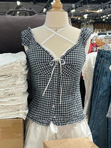 Ruffles White Basic Blouse Top for Woman Folds Single Breasted Sleeveless Tank Tops Casual Cotton Vest Y2k Sweet Camisole