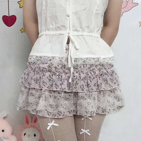 Voguable  Kawaii Floral Print Lace Stitching A-line Skirt Pink Low Waist Chiffon Skirts Y2K Coquette Lolita Skirts Soft Girls
