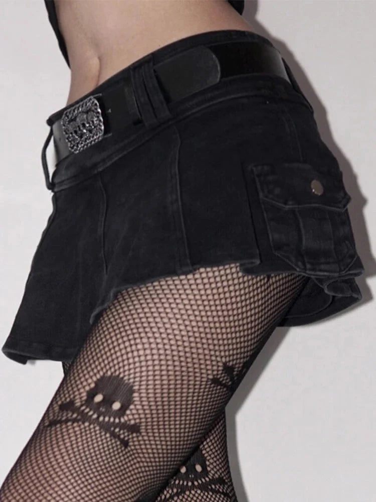 Harajuku Y2k Denim Skirt Dark Gothic Streetwear Mini Skirt with Skull Belt Mall Goth Punk Grunge Emo Clubwear