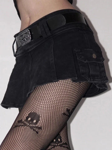 Harajuku Y2k Denim Skirt Dark Gothic Streetwear Mini Skirt with Skull Belt Mall Goth Punk Grunge Emo Clubwear