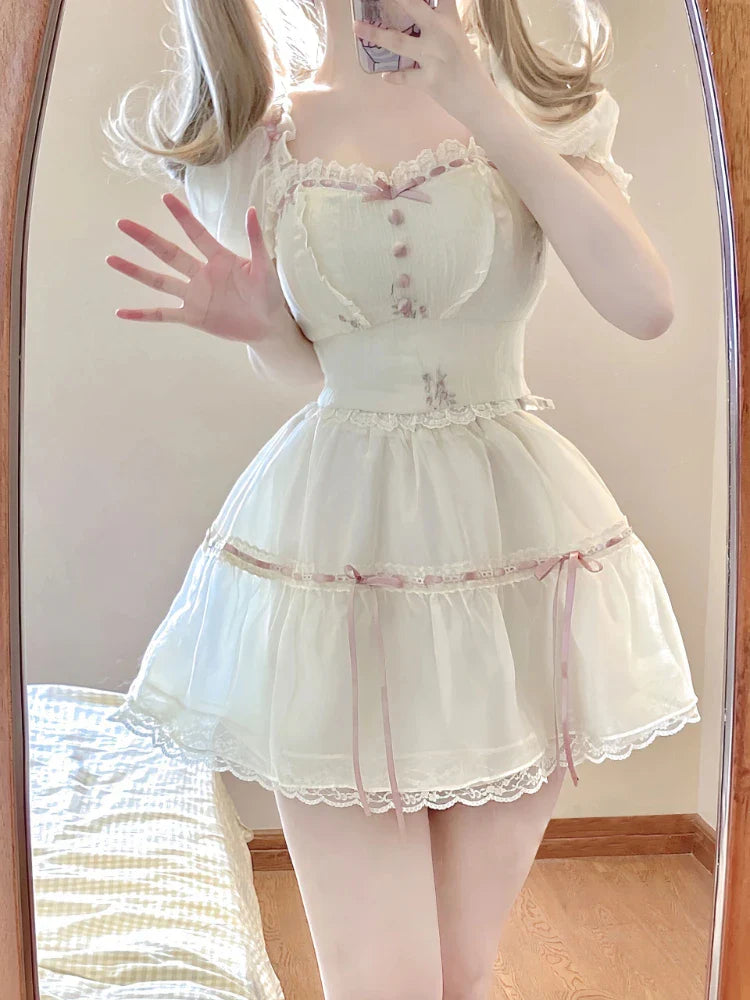 Voguable Sweet Square Neck 2 Piece Dress Set Short Sleeve Y2k Crop Tops + Casual Mini Skirt Korean FeSuit