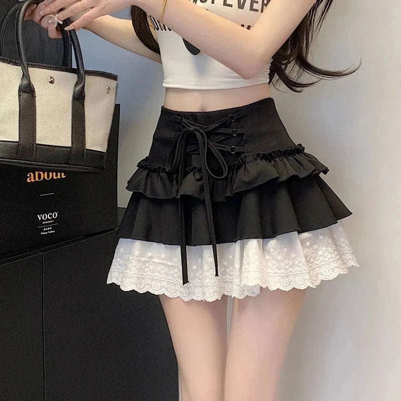 Sweet Lace Up Mini Skirt Y2K Lace Patchwork A-Line Skirts High Waist Kawaii Lolita Preppy All Match Tutu Skirts