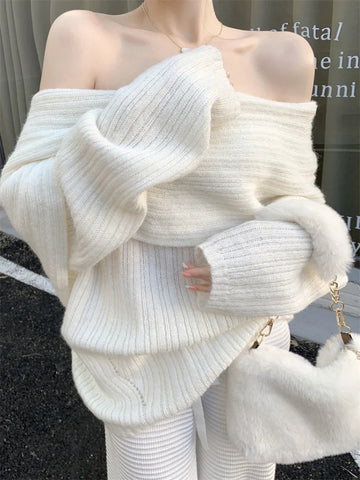 Design White Knitted Sweater Long Sleeve Pure Color Korean Y2k Clothing Elegant Pullover Female