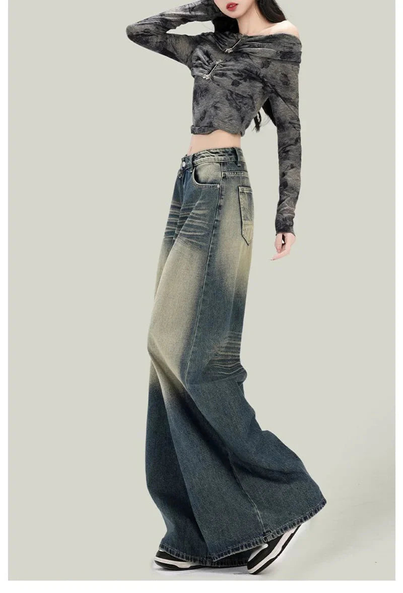 Streetwear Retro Jeans Loose High Waist Y2K Denim Pants Casual American Harajuku Fall FePockets Wide Leg Trousers New