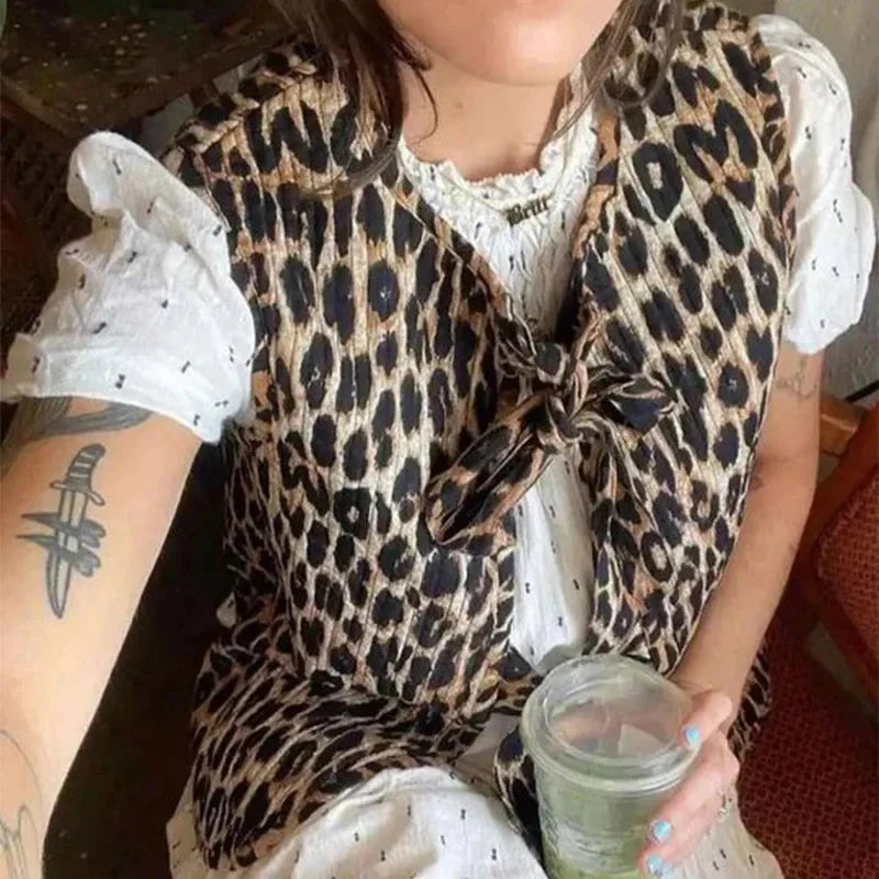 Leopard Waistcoat y2k Clothes Round Neck Sleeveless Tie Up Cardigan Tops 2000s Aesthetic Clothing Streetwear