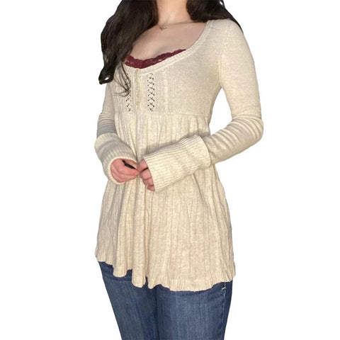 Vintage Babydoll Tops Pullovers Lady Aesthetic Coquette Knit Sweaters Outfit Square Neck Long Sleeve Knitwear Jumpers Y2k