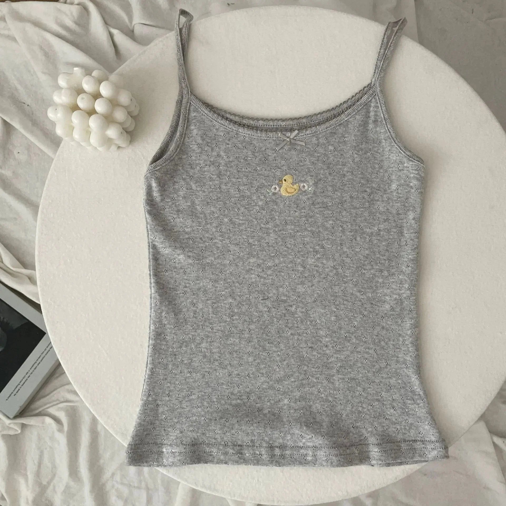 Floral Eyelet Bow Cotton Crop Tops Lace Trim Sleeveless Slim Tank Top Preppy Style Sweet Camisole Y2k Clothes