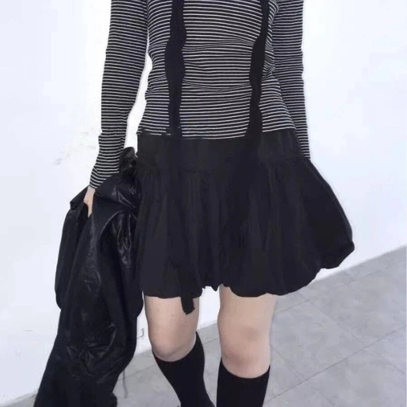 Y2k Bubble Mini Skirt Elastic Waist Ruffle Flare Puffy Skirt High Rise Cute Pleated Lace-up Bow Tie Lantern Short Skirt