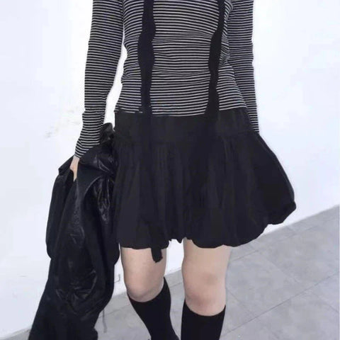 Y2k Bubble Mini Skirt Elastic Waist Ruffle Flare Puffy Skirt High Rise Cute Pleated Lace-up Bow Tie Lantern Short Skirt