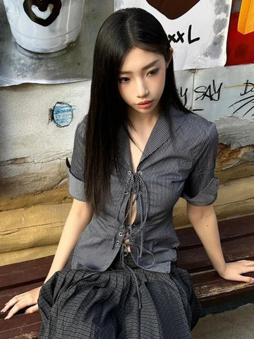 Vintage Coquette Blouses Korean Style Punk Streetwear Striped Print Bandage Hollow Out Slim Shirts Y2k