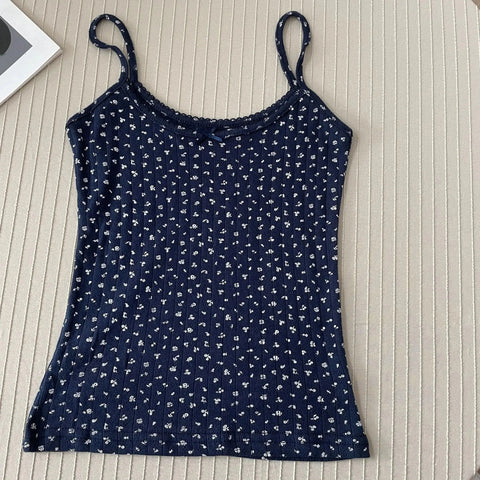 Floral Eyelet Bow Cotton Crop Tops Lace Trim Sleeveless Slim Tank Top Preppy Style Sweet Camisole Y2k Clothes