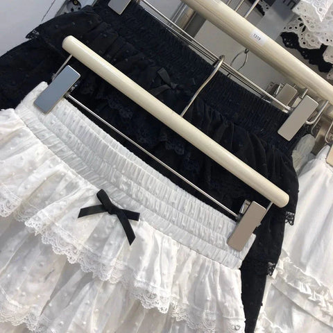 Y2K Lace Skirt Sweet Preppy Patchwork Tutu Skirt High Waist White Lolita FeMini Cake Skirt