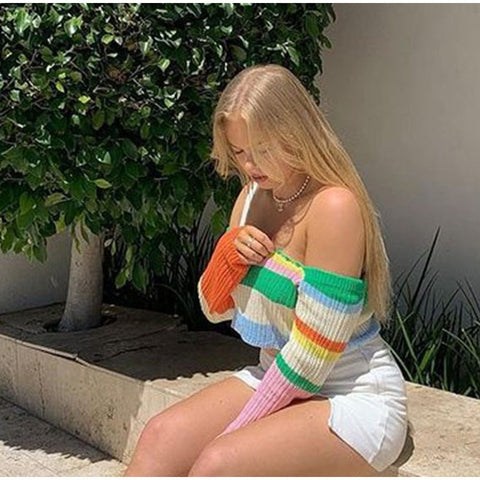 Voguable Knitted Y2K Clothes Crop Top Colored Striped Off The Shoulder T shirts Long Sleeve Trendy Short WoTops