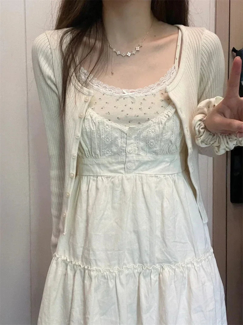 Voguable  Vintage Girls y2k Sweet Cascading Yellow Dress Ladies Soft Cotton Cute Midi Dresses for Chic Outfits