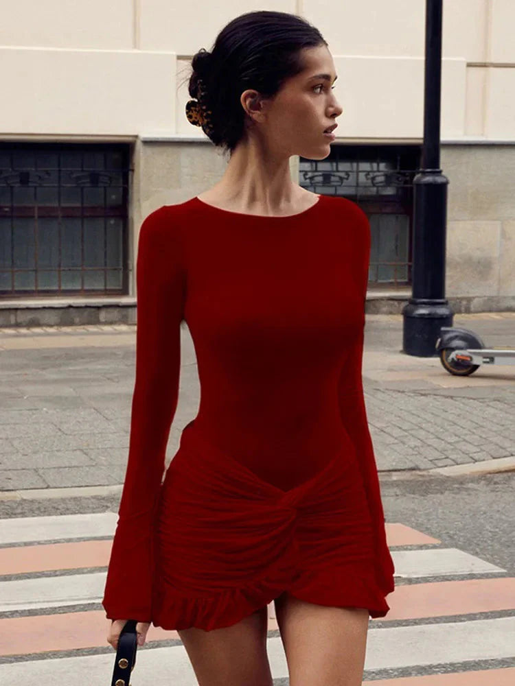 Ruffled Twist Skinny MIni Dress Long Sleeve Patchwork High Waist Party Dress FeY2k Bodycon Dress