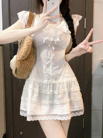 Voguable Y2k Coquette White Lolita Sweet White Kwaii Cute Mini Dress Lace Bow Princess Slip Lace Short Dresses Fashion