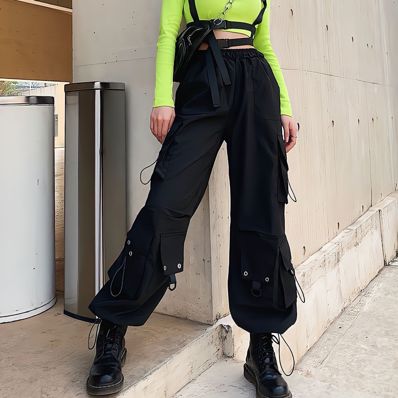 Black Cargo Pants High Waist Hip Hop Loose Vintage Streetwear Grunge Y2k Punk Casual Straight Wide Leg Trousers