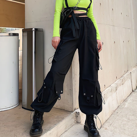 Black Cargo Pants High Waist Hip Hop Loose Vintage Streetwear Grunge Y2k Punk Casual Straight Wide Leg Trousers