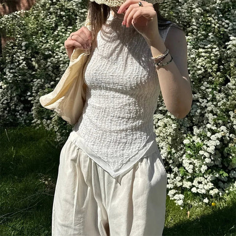 Irregular Tank Top y2k Clothes Solid Color Round Neck Sleeveless T Shirt Vest 2000s Aesthetic Clothing Streetwear