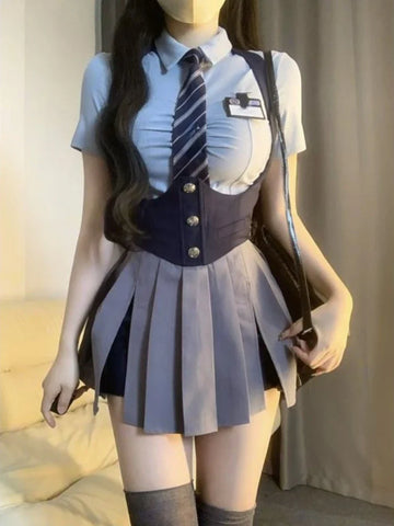 Voguable College Style JK Uniform Set Slim Shirt with Striped Tie Y2K Girls High Waist A- Line Pleated Skirt Suit