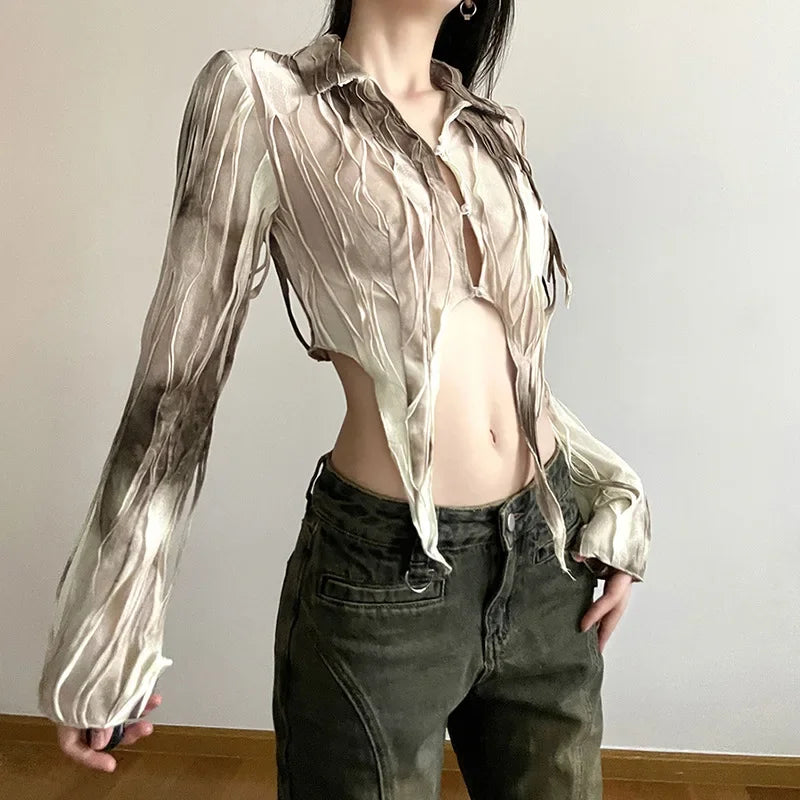 Goth Dark Tassel Tie Dye Fairy Grunge Blouses Gothic Vintage Y2k Frayed Crop Tops Streetwear Long Sleeve Slim T-shirt