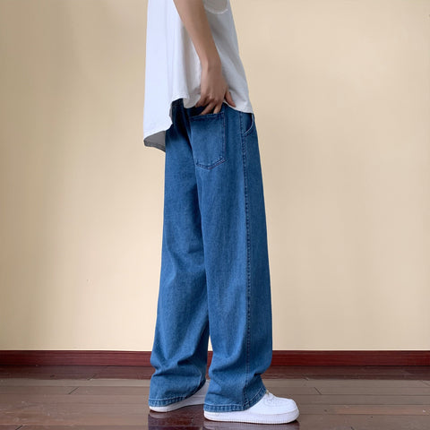 Japanese Style Trend Y2k Baggy Straight Jeans Wide Leg Solid Color Casual Denim Pants High Street Trousers