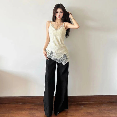 Lace Patchwork V-Neck Camis Y2K Spaghetti Straps Sleeveless Tank Korean Irregular FeVest