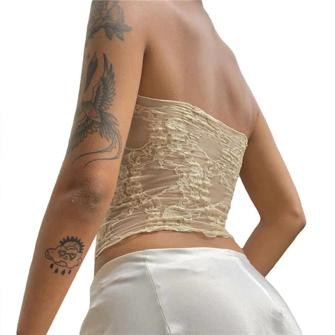 y2k Tube Top Aesthetic Clothes Floral Lace Patchwork Off Shoulder Strapless Sleeveless Tanks 2000s Streetwear