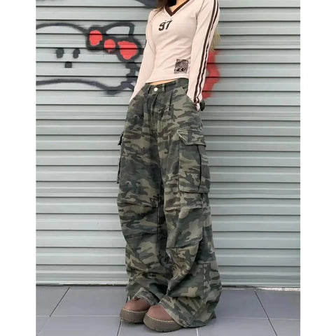 Camouflage Jeans Y2K Hip Hop Vintage High Waisted Jeans Straight Streetwear Casual Loose Large Size Wide Leg Denim Pants