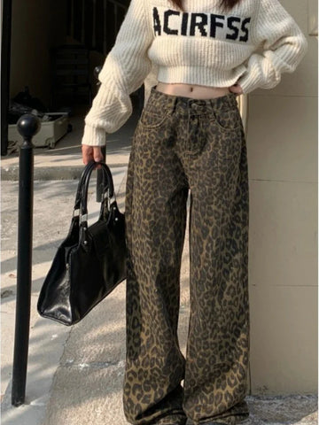 Voguable Vintage Leopard Print Pantalon Femme Wide Leg Pants High Waist Straight Y2k Jeans Casual Korean  Jean Trousers