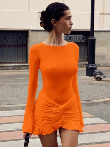 Ruffled Twist Skinny MIni Dress Long Sleeve Patchwork High Waist Party Dress FeY2k Bodycon Dress