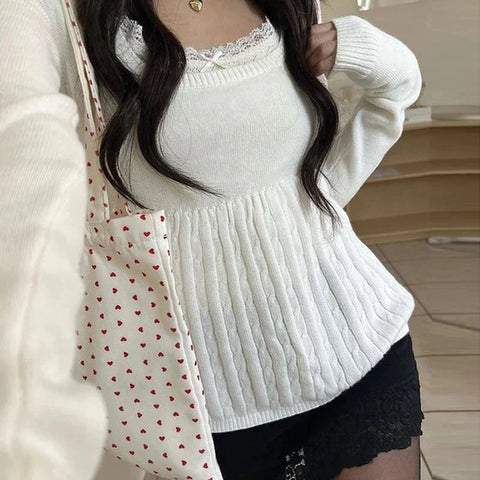 Vintage Babydoll Tops Pullovers Lady Aesthetic Coquette Knit Sweaters Outfit Square Neck Long Sleeve Knitwear Jumpers Y2k