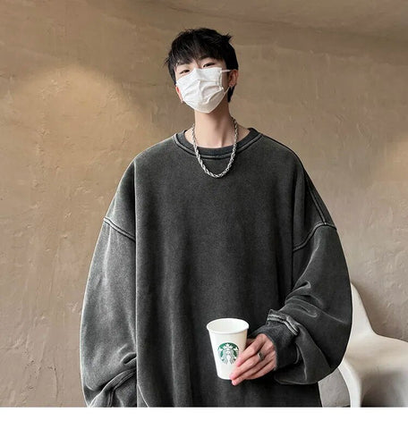 American Washed Old Pullovers Sweatshirts Loose Solid Color Large Size Warm O Neck Tops Hip Hop Y2k Sweatshirt