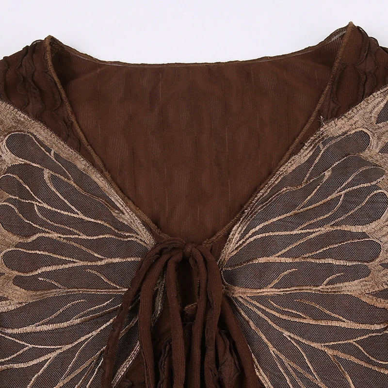 Voguable Lace Butterfly Patchwork Cardigan Top for Y2K Aesthetics Brown Bandage Long Sleeve T Shirts Grunge Fairycore