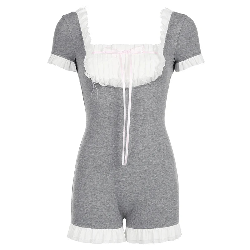 Voguable  Kawaii Contrast Patchwork Playsuit Coquette Folds Bow Square Collar Short Sleeve Jumpsuits Shorts Backless Y2K